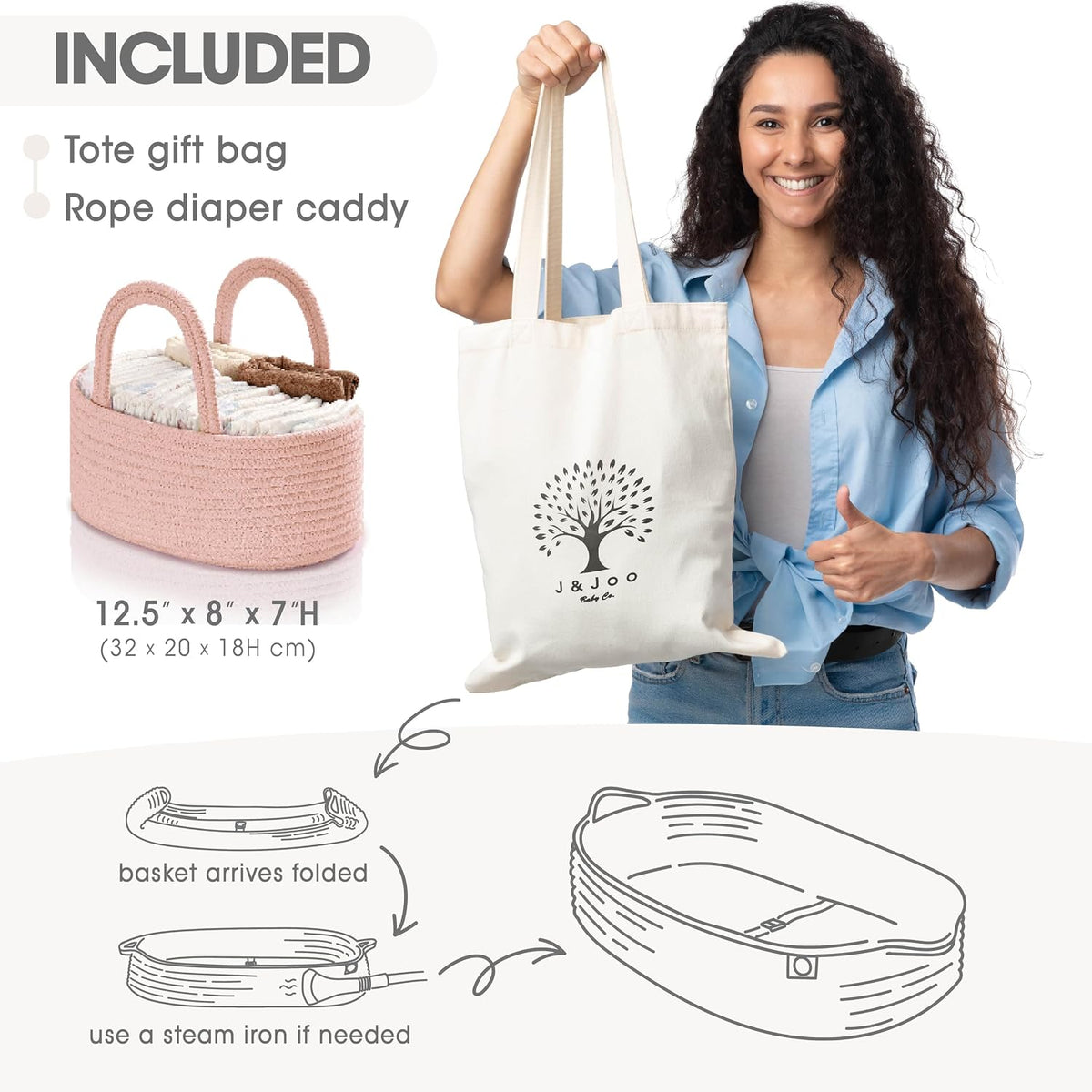 J&JOO Baby Changing Basket includes Diaper Caddy - Soft & Waterproof Dual-Cover, Portable, Changing Pad for Dresser & Changing Table, Gift for Baby Shower, Organic Cotton Rope