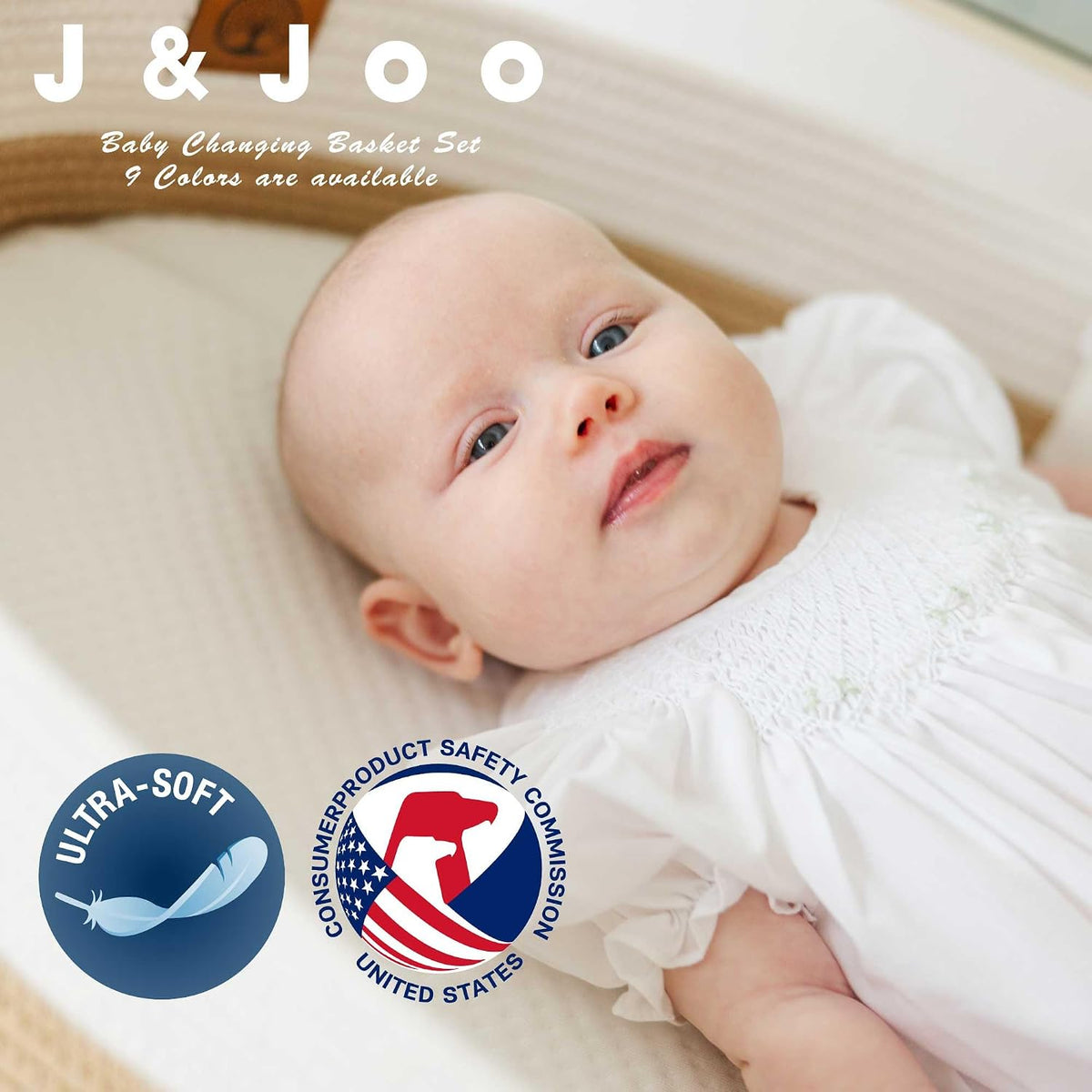 J&JOO Baby Changing Basket includes Diaper Caddy - Soft & Waterproof Dual-Cover, Portable, Changing Pad for Dresser & Changing Table, Gift for Baby Shower, Organic Cotton Rope