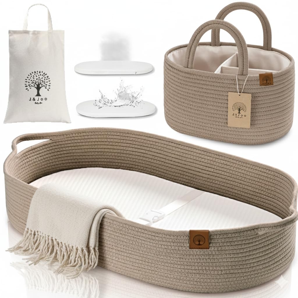 J&JOO Baby Changing Basket includes Diaper Caddy - Soft & Waterproof Dual-Cover, Portable, Changing Pad for Dresser & Changing Table, Gift for Baby Shower, Organic Cotton Rope