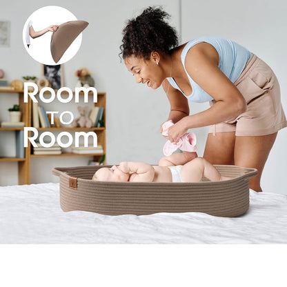 J&JOO Baby Changing Basket includes Diaper Caddy - Soft & Waterproof Dual-Cover, Portable, Changing Pad for Dresser & Changing Table, Gift for Baby Shower, Organic Cotton Rope