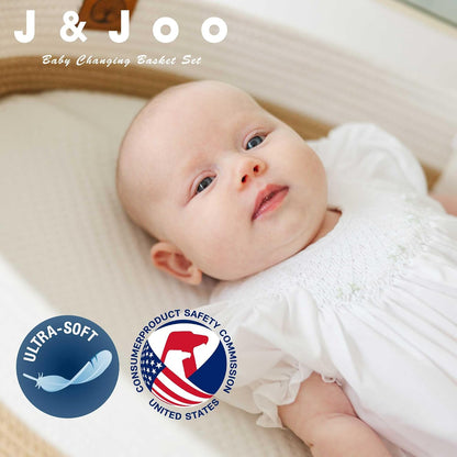J&JOO Baby Changing Basket includes Diaper Caddy - Soft & Waterproof Dual-Cover, Portable, Changing Pad for Dresser & Changing Table, Gift for Baby Shower, Organic Cotton Rope