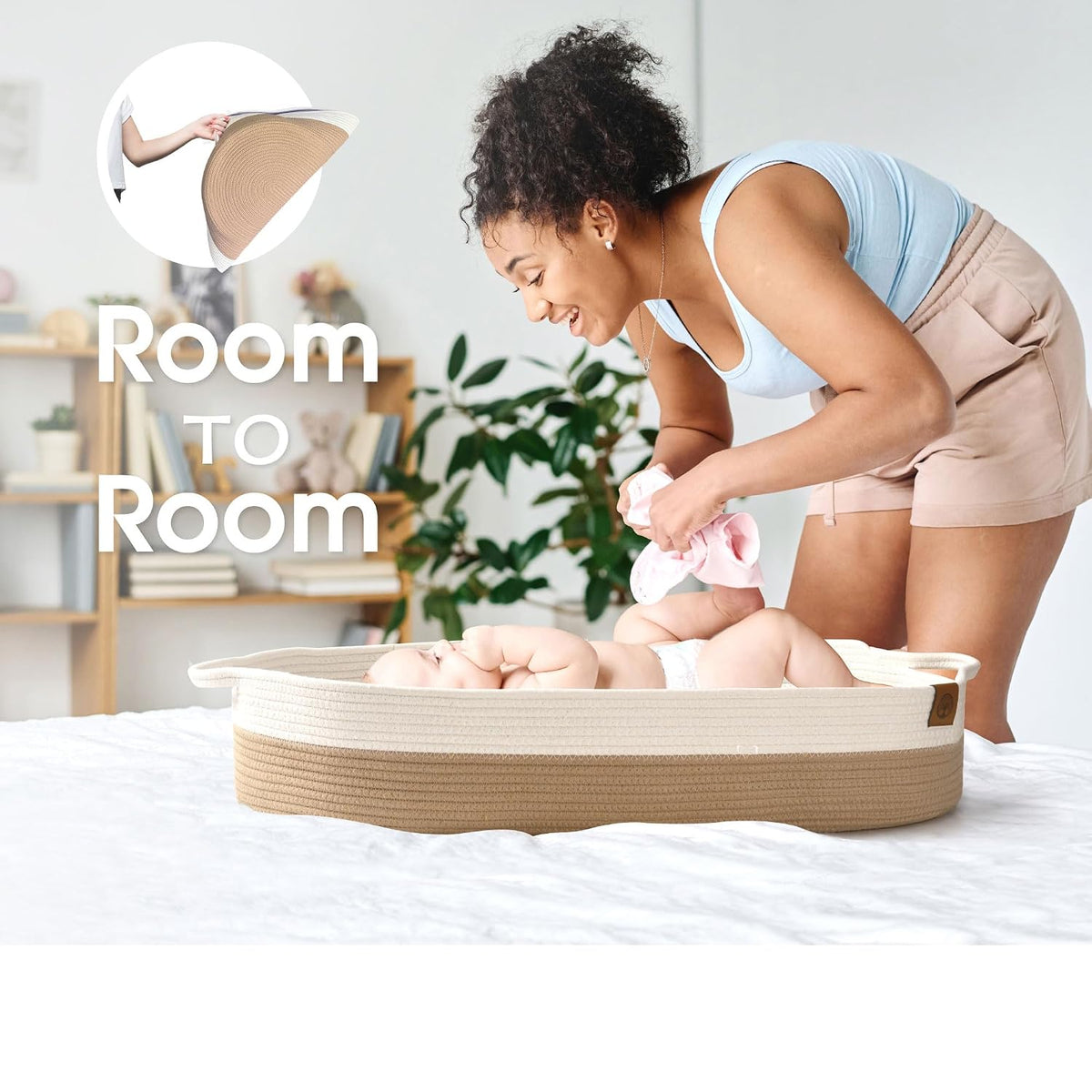 J&JOO Baby Changing Basket includes Diaper Caddy - Soft & Waterproof Dual-Cover, Portable, Changing Pad for Dresser & Changing Table, Gift for Baby Shower, Organic Cotton Rope
