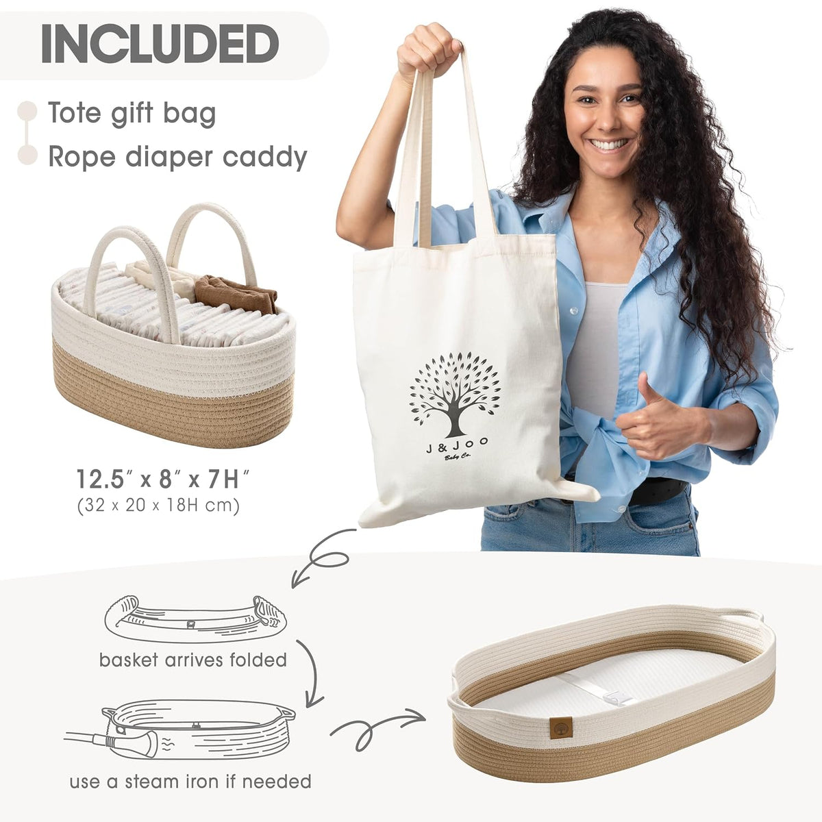 J&JOO Baby Changing Basket includes Diaper Caddy - Soft & Waterproof Dual-Cover, Portable, Changing Pad for Dresser & Changing Table, Gift for Baby Shower, Organic Cotton Rope