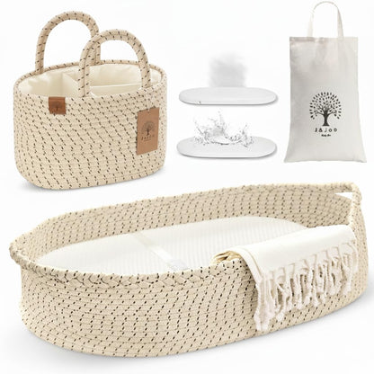 J&JOO Baby Changing Basket includes Diaper Caddy - Soft & Waterproof Dual-Cover, Portable, Changing Pad for Dresser & Changing Table, Gift for Baby Shower, Organic Cotton Rope