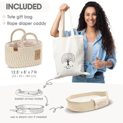 J&JOO Baby Changing Basket includes Diaper Caddy - Soft & Waterproof Dual-Cover, Portable, Changing Pad for Dresser & Changing Table, Gift for Baby Shower, Organic Cotton Rope