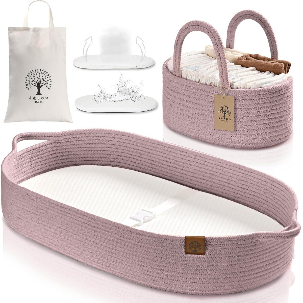 J&JOO Baby Changing Basket includes Diaper Caddy - Soft & Waterproof Dual-Cover, Portable, Changing Pad for Dresser & Changing Table, Gift for Baby Shower, Organic Cotton Rope