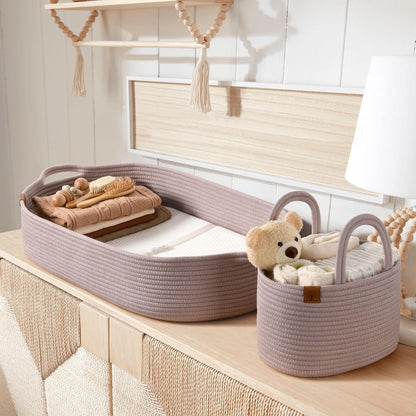 J&JOO Baby Changing Basket includes Diaper Caddy - Soft & Waterproof Dual-Cover, Portable, Changing Pad for Dresser & Changing Table, Gift for Baby Shower, Organic Cotton Rope