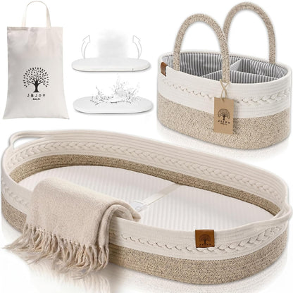 J&JOO Baby Changing Basket includes Diaper Caddy - Soft & Waterproof Dual-Cover, Portable, Changing Pad for Dresser & Changing Table, Gift for Baby Shower, Organic Cotton Rope
