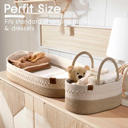 J&JOO Baby Changing Basket includes Diaper Caddy - Soft & Waterproof Dual-Cover, Portable, Changing Pad for Dresser & Changing Table, Gift for Baby Shower, Organic Cotton Rope