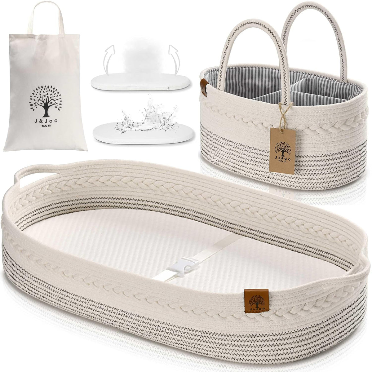J&JOO Baby Changing Basket includes Diaper Caddy - Soft & Waterproof Dual-Cover, Portable, Changing Pad for Dresser & Changing Table, Gift for Baby Shower, Organic Cotton Rope
