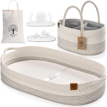 J&JOO Baby Changing Basket includes Diaper Caddy - Soft & Waterproof Dual-Cover, Portable, Changing Pad for Dresser & Changing Table, Gift for Baby Shower, Organic Cotton Rope
