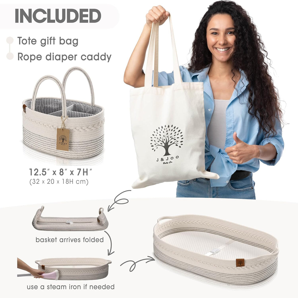 J&JOO Baby Changing Basket includes Diaper Caddy - Soft & Waterproof Dual-Cover, Portable, Changing Pad for Dresser & Changing Table, Gift for Baby Shower, Organic Cotton Rope