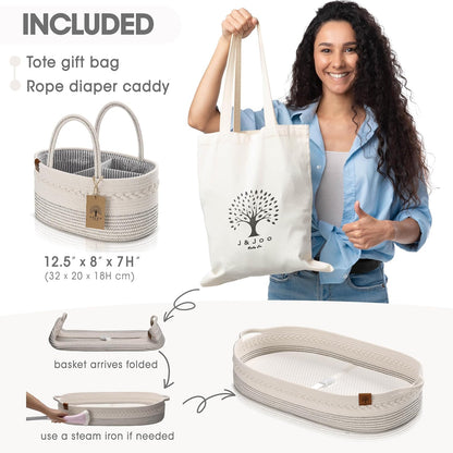 J&JOO Baby Changing Basket includes Diaper Caddy - Soft & Waterproof Dual-Cover, Portable, Changing Pad for Dresser & Changing Table, Gift for Baby Shower, Organic Cotton Rope