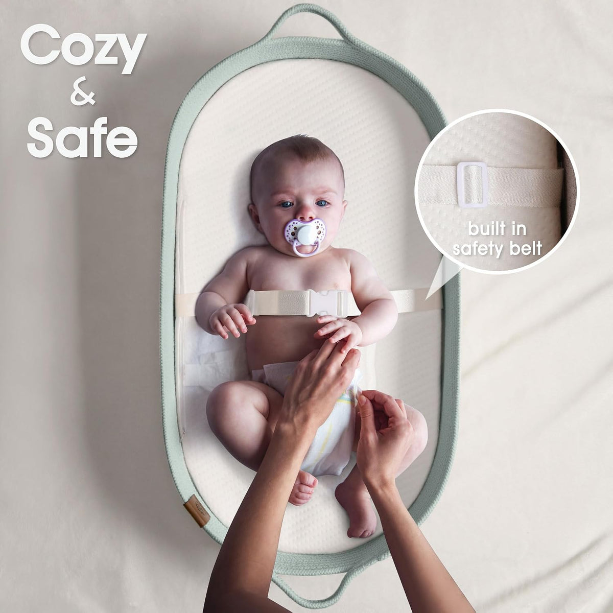J&JOO Baby Changing Basket includes Diaper Caddy - Soft & Waterproof Dual-Cover, Portable, Changing Pad for Dresser & Changing Table, Gift for Baby Shower, Organic Cotton Rope
