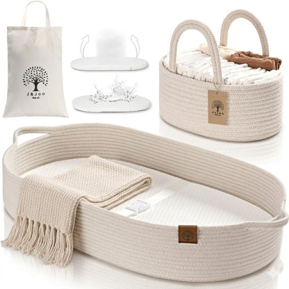 J&JOO Baby Changing Basket includes Diaper Caddy - Soft & Waterproof Dual-Cover, Portable, Changing Pad for Dresser & Changing Table, Gift for Baby Shower, Organic Cotton Rope