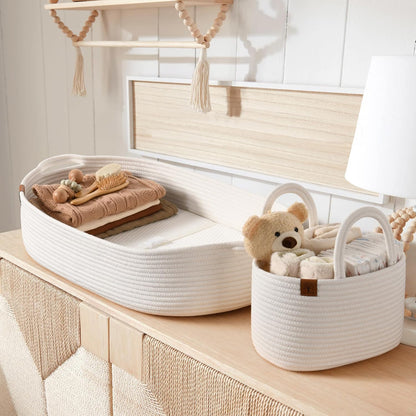 J&JOO Baby Changing Basket includes Diaper Caddy - Soft & Waterproof Dual-Cover, Portable, Changing Pad for Dresser & Changing Table, Gift for Baby Shower, Organic Cotton Rope