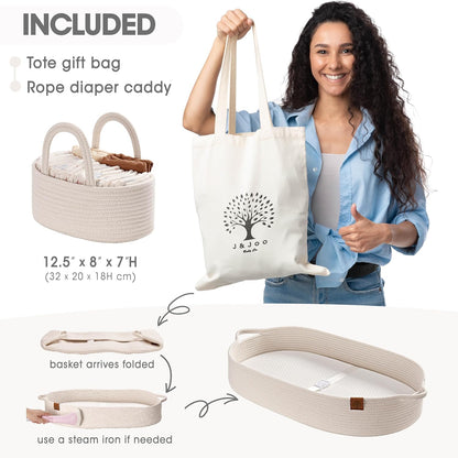 J&JOO Baby Changing Basket includes Diaper Caddy - Soft & Waterproof Dual-Cover, Portable, Changing Pad for Dresser & Changing Table, Gift for Baby Shower, Organic Cotton Rope