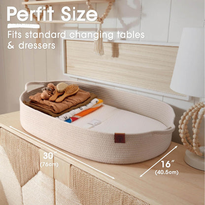 J&JOO Baby Changing Basket includes Diaper Caddy - Soft & Waterproof Dual-Cover, Portable, Changing Pad for Dresser & Changing Table, Gift for Baby Shower, Organic Cotton Rope