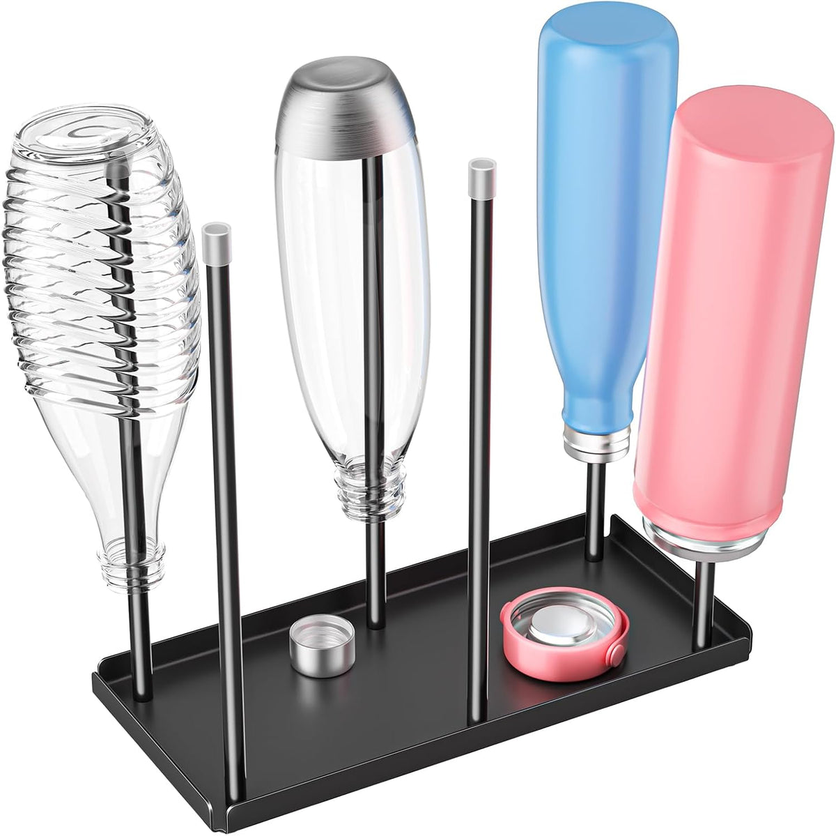 Water Bottle Drying Rack with Drain Tray, Cup Drying Rack for Counter, Metal Tumbler Dryer Stand with 6 Pegs, Space-Saving Drying Rack for Water Bottles, Baby Bottle, Glass & Reusable Bag (Black)