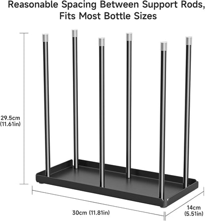 Water Bottle Drying Rack with Drain Tray, Cup Drying Rack for Counter, Metal Tumbler Dryer Stand with 6 Pegs, Space-Saving Drying Rack for Water Bottles, Baby Bottle, Glass & Reusable Bag (Black)
