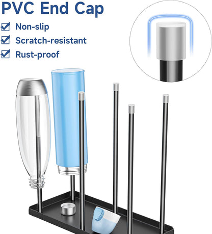 Water Bottle Drying Rack with Drain Tray, Cup Drying Rack for Counter, Metal Tumbler Dryer Stand with 6 Pegs, Space-Saving Drying Rack for Water Bottles, Baby Bottle, Glass & Reusable Bag (Black)