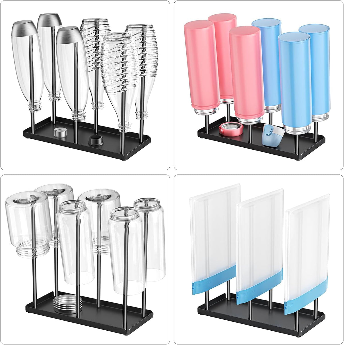 Water Bottle Drying Rack with Drain Tray, Cup Drying Rack for Counter, Metal Tumbler Dryer Stand with 6 Pegs, Space-Saving Drying Rack for Water Bottles, Baby Bottle, Glass & Reusable Bag (Black)