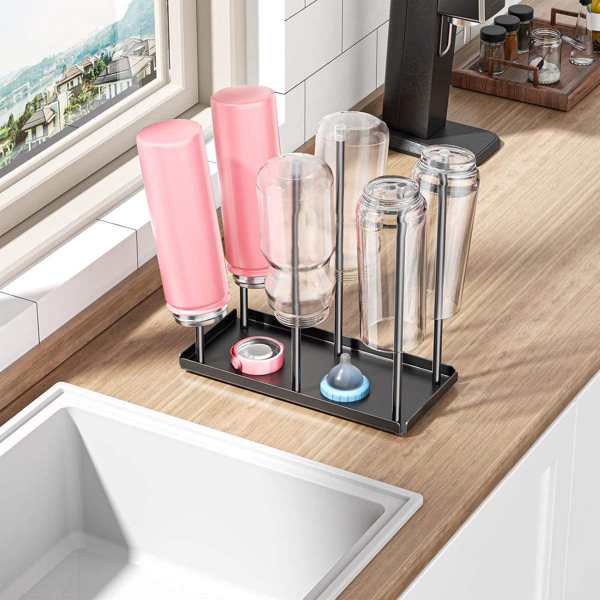 Water Bottle Drying Rack with Drain Tray, Cup Drying Rack for Counter, Metal Tumbler Dryer Stand with 6 Pegs, Space-Saving Drying Rack for Water Bottles, Baby Bottle, Glass & Reusable Bag (Black)