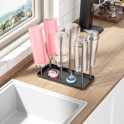 Water Bottle Drying Rack with Drain Tray, Cup Drying Rack for Counter, Metal Tumbler Dryer Stand with 6 Pegs, Space-Saving Drying Rack for Water Bottles, Baby Bottle, Glass & Reusable Bag (Black)