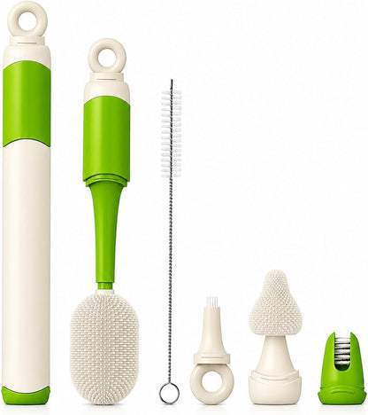 Baby Bottle Brush Set for Baby Bottles, 5 Cleaning Tools with Silicone Bottle and Nipple Brush Heads, Straw Brush, Detail Brush, Cup Rim Cleaner, Integrated Travel Storage, (Green)