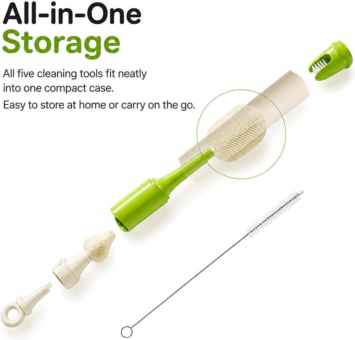 Baby Bottle Brush Set for Baby Bottles, 5 Cleaning Tools with Silicone Bottle and Nipple Brush Heads, Straw Brush, Detail Brush, Cup Rim Cleaner, Integrated Travel Storage, (Green)