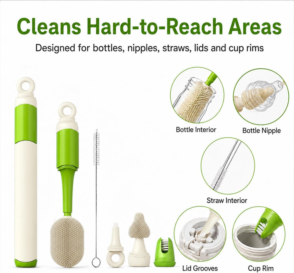 Baby Bottle Brush Set for Baby Bottles, 5 Cleaning Tools with Silicone Bottle and Nipple Brush Heads, Straw Brush, Detail Brush, Cup Rim Cleaner, Integrated Travel Storage, (Green)