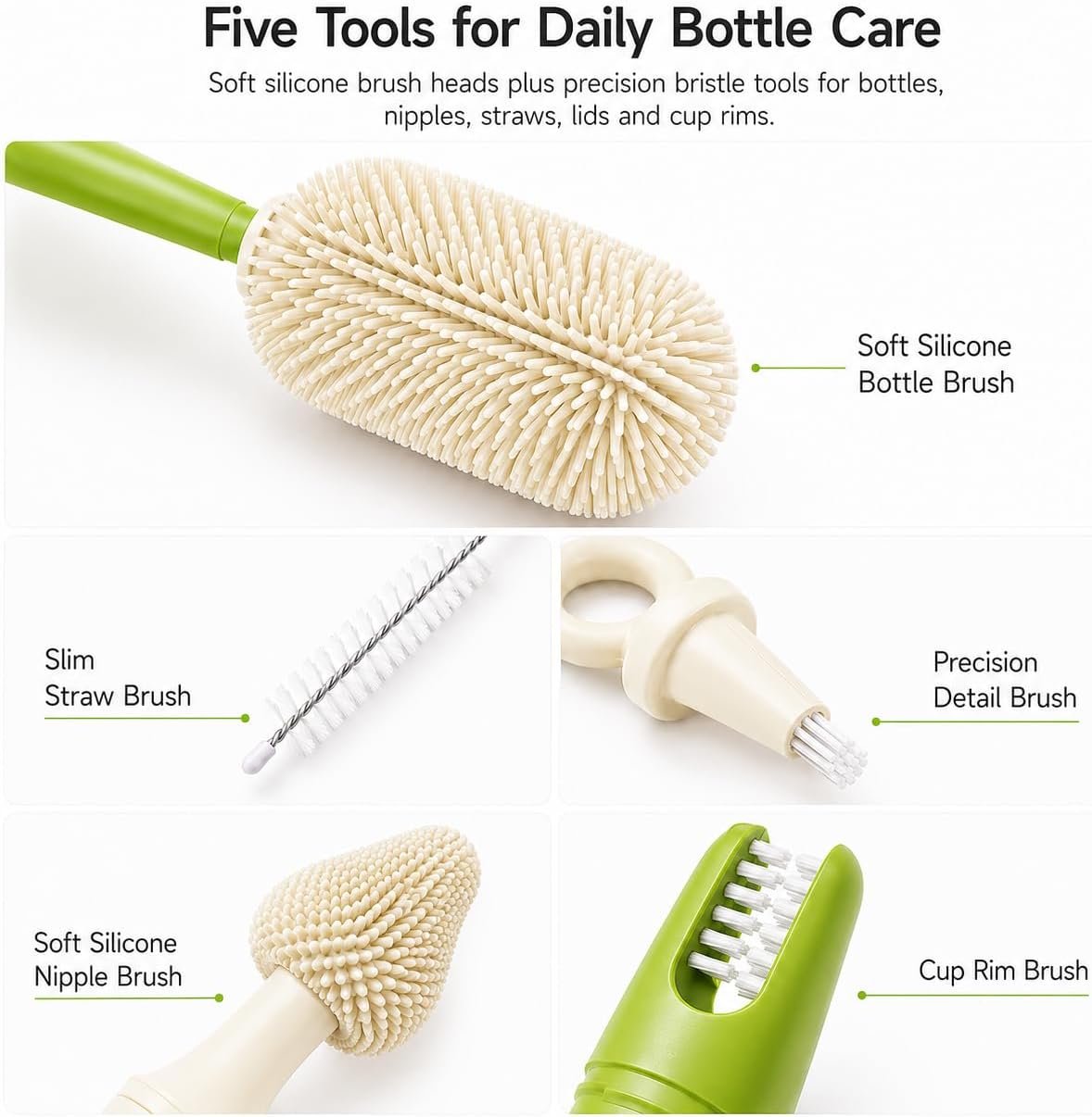 Baby Bottle Brush Set for Baby Bottles, 5 Cleaning Tools with Silicone Bottle and Nipple Brush Heads, Straw Brush, Detail Brush, Cup Rim Cleaner, Integrated Travel Storage, (Green)