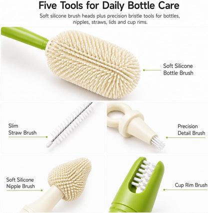 Baby Bottle Brush Set for Baby Bottles, 5 Cleaning Tools with Silicone Bottle and Nipple Brush Heads, Straw Brush, Detail Brush, Cup Rim Cleaner, Integrated Travel Storage, (Green)