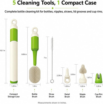 Baby Bottle Brush Set for Baby Bottles, 5 Cleaning Tools with Silicone Bottle and Nipple Brush Heads, Straw Brush, Detail Brush, Cup Rim Cleaner, Integrated Travel Storage, (Green)