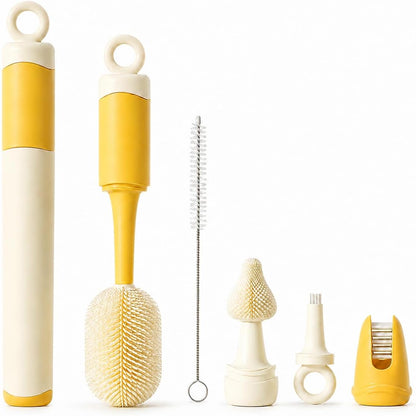 Baby Bottle Brush Set for Baby Bottles, 5 Cleaning Tools with Silicone Bottle and Nipple Brush Heads, Straw Brush, Detail Brush, Cup Rim Cleaner, Integrated Travel Storage, (Green)