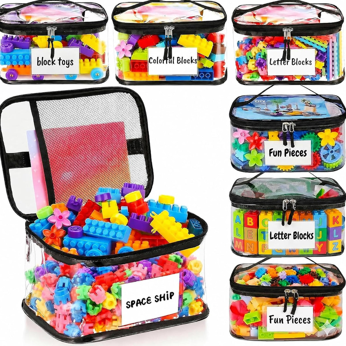 Clear Toy Storage Bags, Kids Toy Organizer with Zipper, Waterproof PVC, Large Capacity for Puzzles, Blocks & Board Games, Easy Sorting with Labels