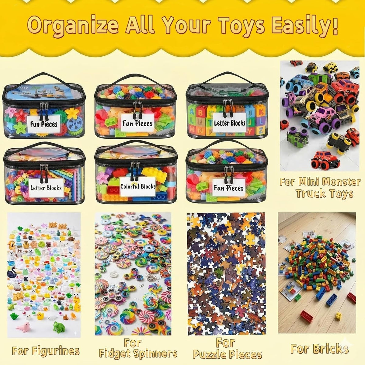 Clear Toy Storage Bags, Kids Toy Organizer with Zipper, Waterproof PVC, Large Capacity for Puzzles, Blocks & Board Games, Easy Sorting with Labels