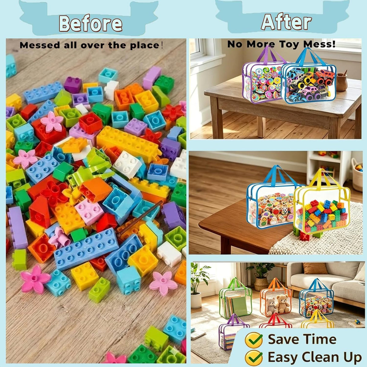 Clear Toy Storage Bags, Kids Toy Organizer with Zipper, Waterproof PVC, Large Capacity for Puzzles, Blocks & Board Games, Easy Sorting with Labels