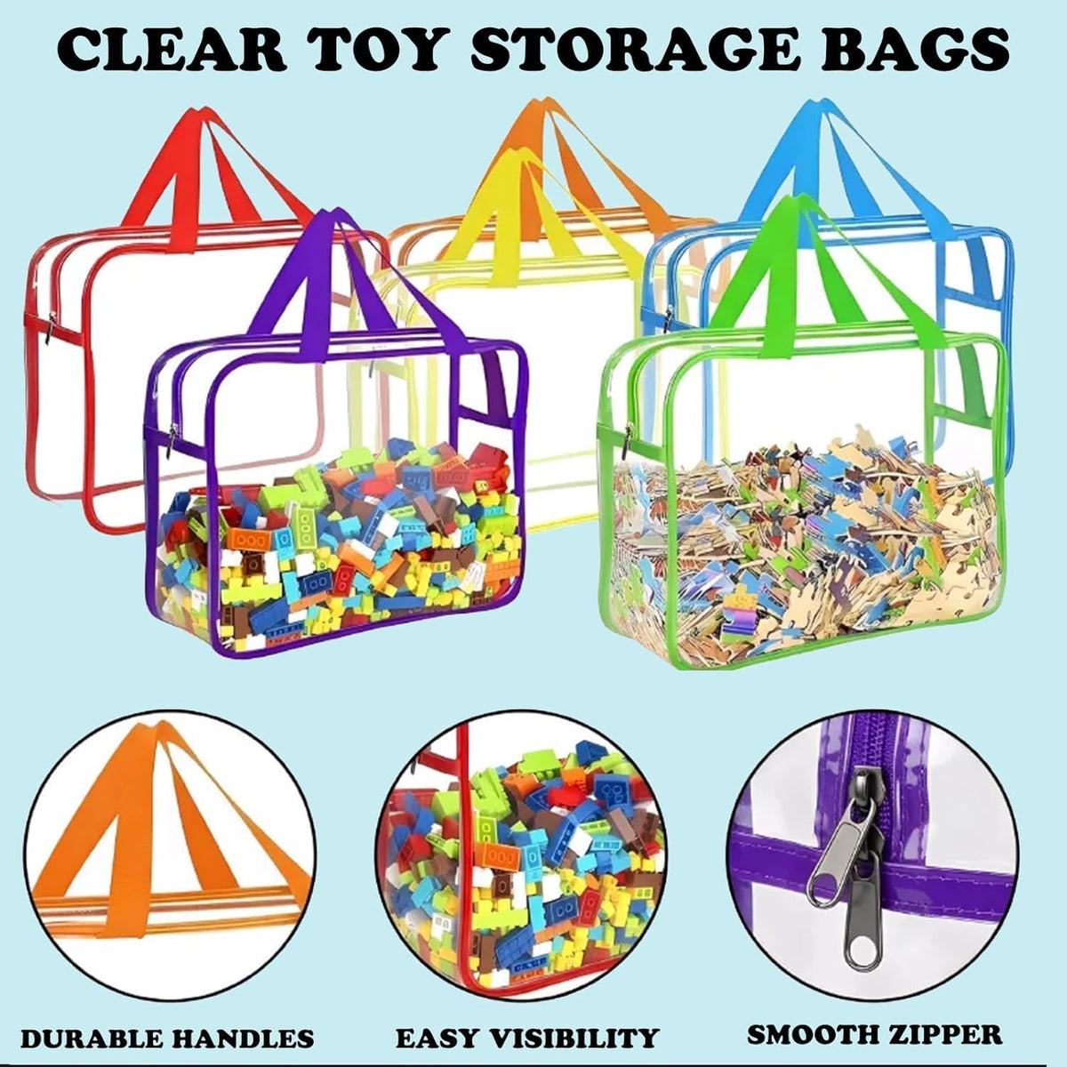Clear Toy Storage Bags, Kids Toy Organizer with Zipper, Waterproof PVC, Large Capacity for Puzzles, Blocks & Board Games, Easy Sorting with Labels