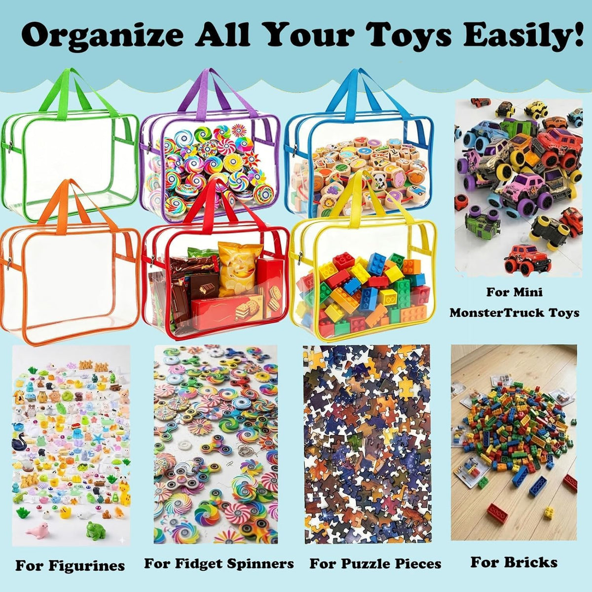 Clear Toy Storage Bags, Kids Toy Organizer with Zipper, Waterproof PVC, Large Capacity for Puzzles, Blocks & Board Games, Easy Sorting with Labels