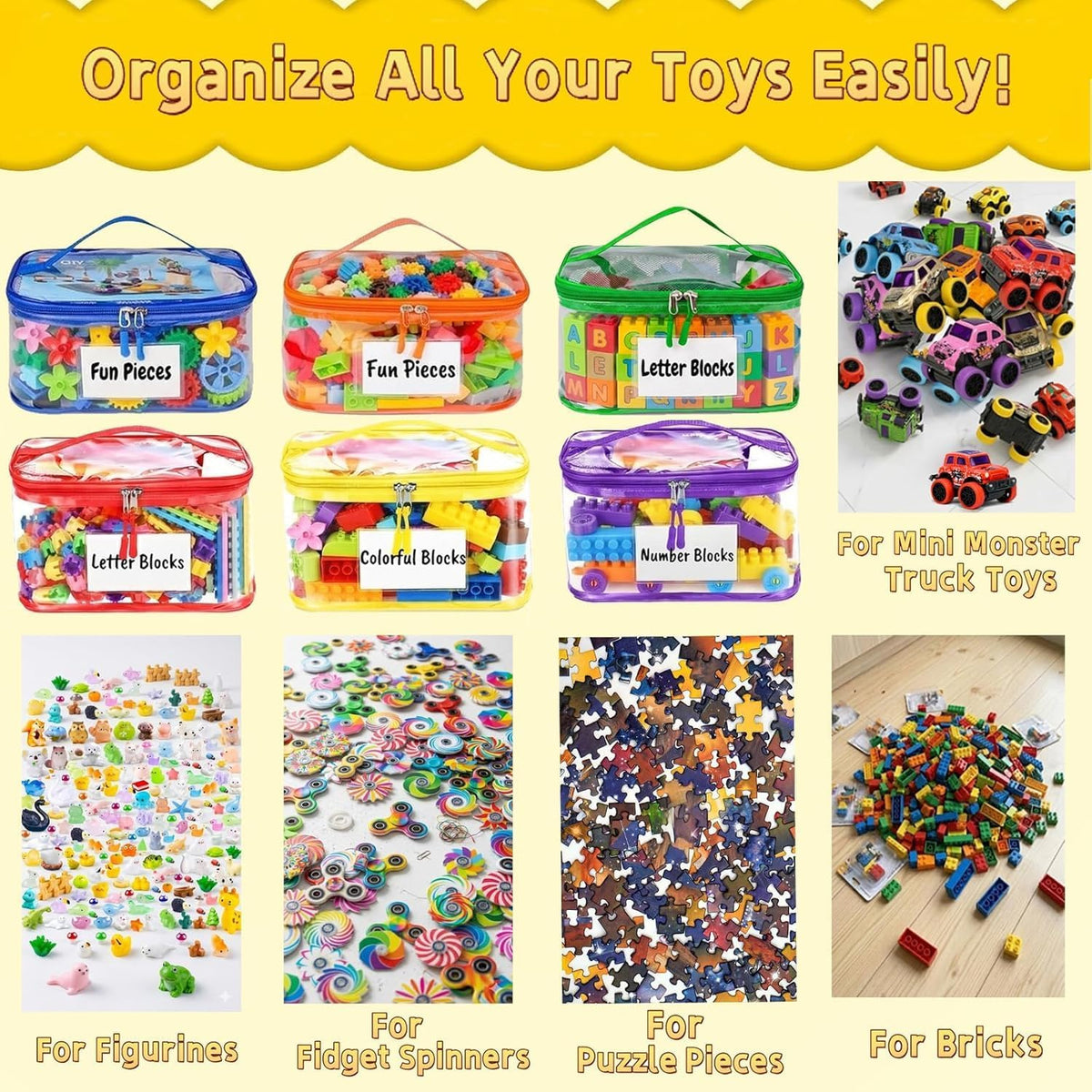 Clear Toy Storage Bags, Kids Toy Organizer with Zipper, Waterproof PVC, Large Capacity for Puzzles, Blocks & Board Games, Easy Sorting with Labels
