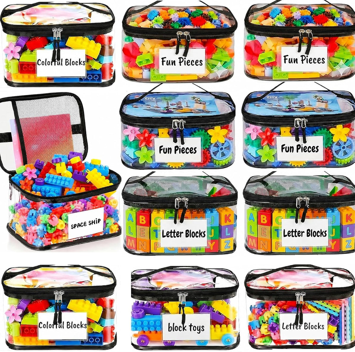 Clear Toy Storage Bags, Kids Toy Organizer with Zipper, Waterproof PVC, Large Capacity for Puzzles, Blocks & Board Games, Easy Sorting with Labels