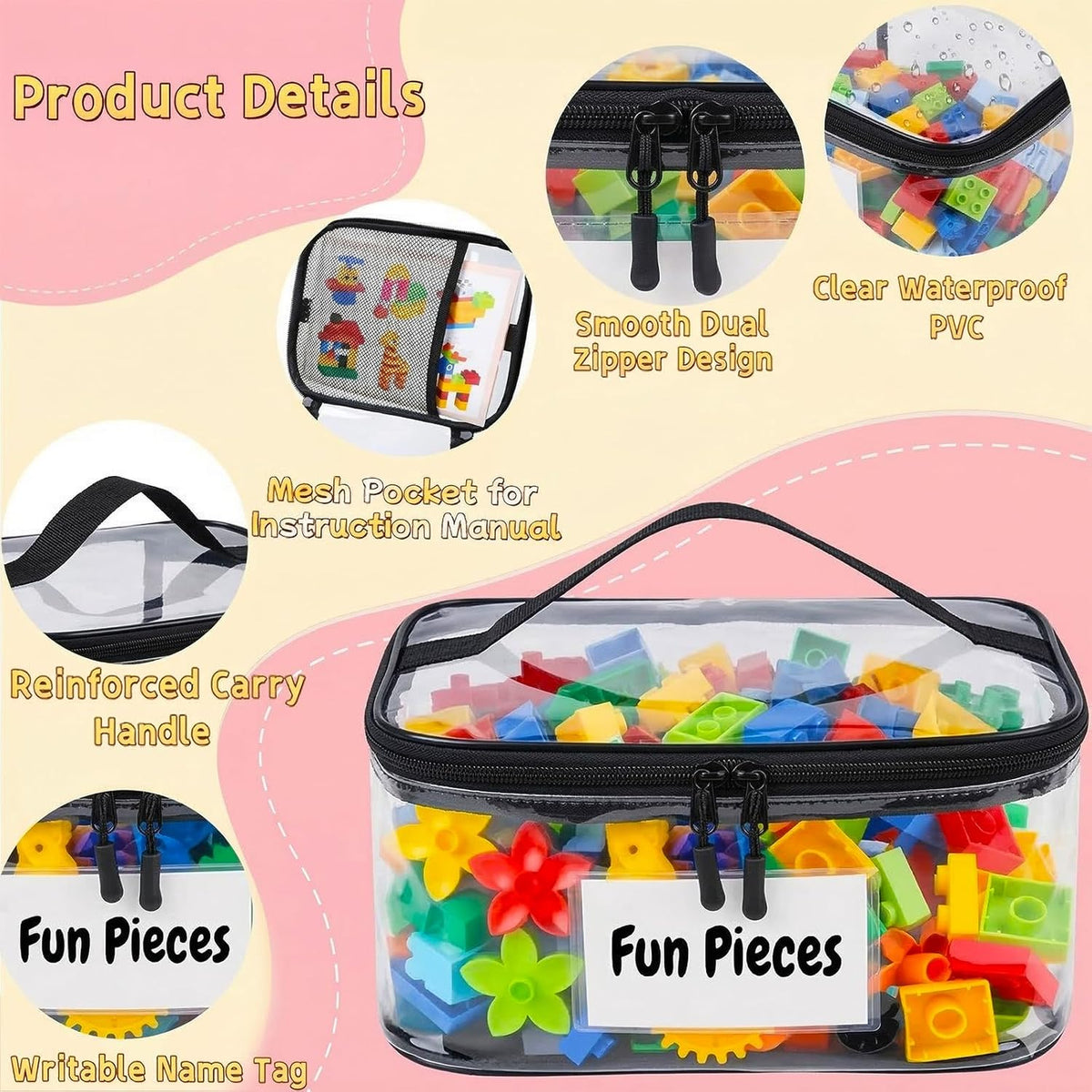 Clear Toy Storage Bags, Kids Toy Organizer with Zipper, Waterproof PVC, Large Capacity for Puzzles, Blocks & Board Games, Easy Sorting with Labels
