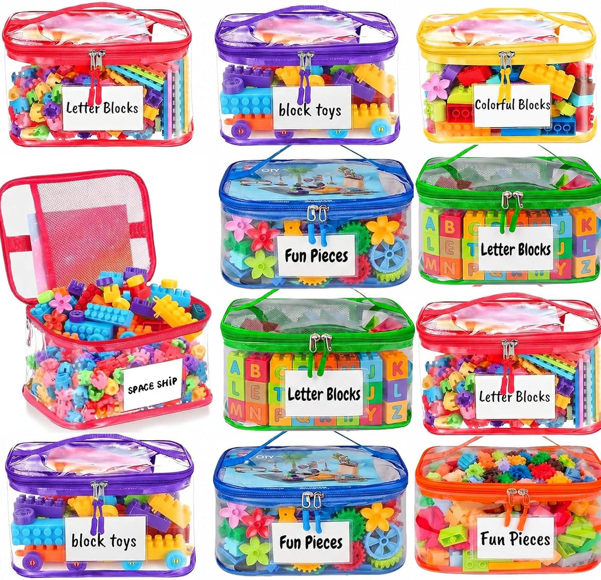 Clear Toy Storage Bags, Kids Toy Organizer with Zipper, Waterproof PVC, Large Capacity for Puzzles, Blocks & Board Games, Easy Sorting with Labels