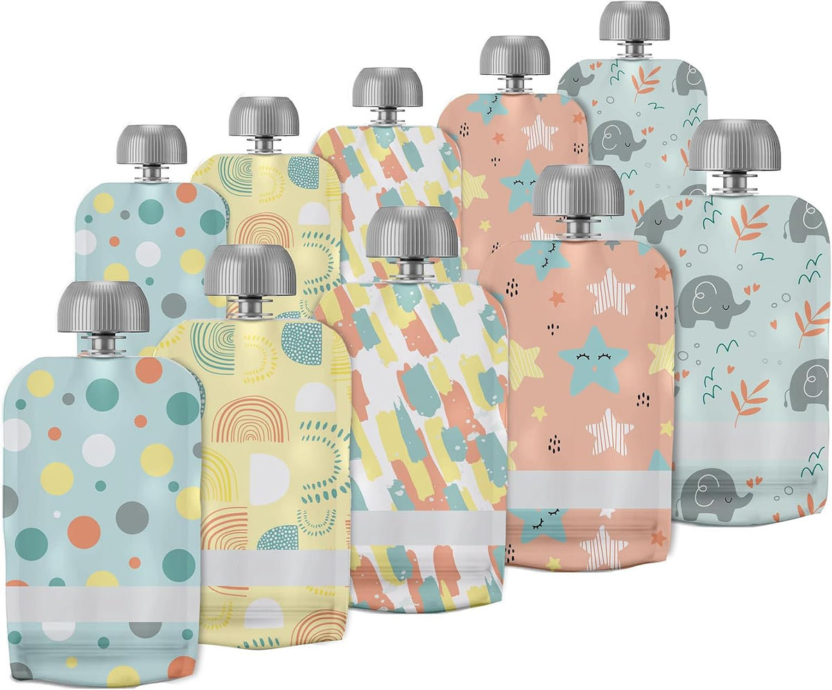 Reusable Baby Food Pouches - Refillable with Applesauce, Yogurt, Fruit Puree, Smoothie - 10 Pack - Toddler & Kids Squeeze Pouch