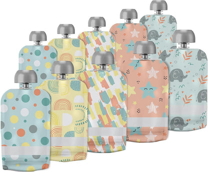 Reusable Baby Food Pouches - Refillable with Applesauce, Yogurt, Fruit Puree, Smoothie - 10 Pack - Toddler & Kids Squeeze Pouch