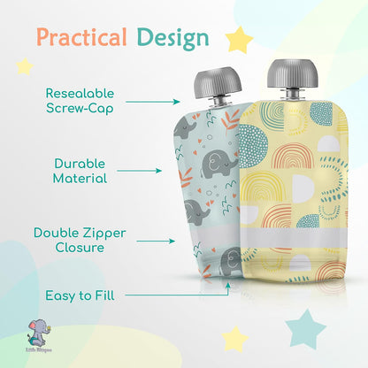 Reusable Baby Food Pouches - Refillable with Applesauce, Yogurt, Fruit Puree, Smoothie - 10 Pack - Toddler & Kids Squeeze Pouch