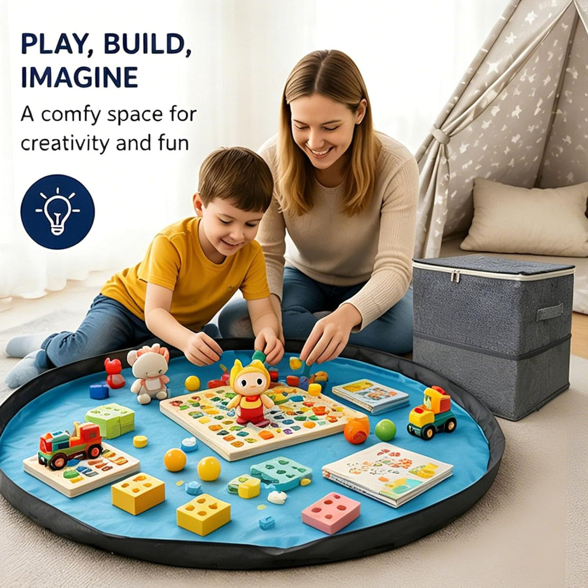 Round Play Mat Storage Bin with Square Fabric Organizer, Side Handle Carry, Large Toy Collection Basket for Playroom Bedroom Cleanup Playroom Organizer Cleanup Basket Toy Mat Hamper