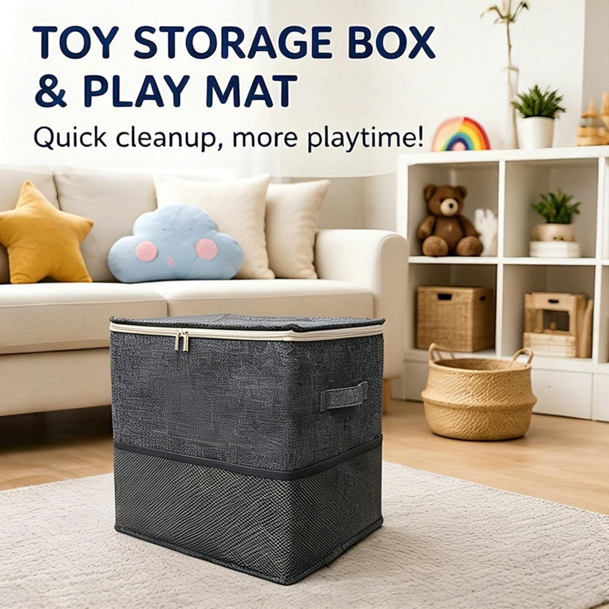Round Play Mat Storage Bin with Square Fabric Organizer, Side Handle Carry, Large Toy Collection Basket for Playroom Bedroom Cleanup Playroom Organizer Cleanup Basket Toy Mat Hamper