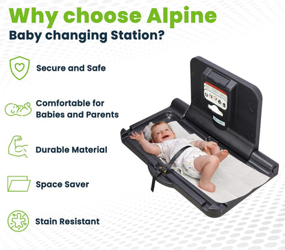 Alpine Wall Mounted Baby Changing Station - Horizontal Baby Changing Table Foldable Diaper Tables with Safety Strap for Commercial Bathroom, ADA Complaint (Hardware Included) White Gray